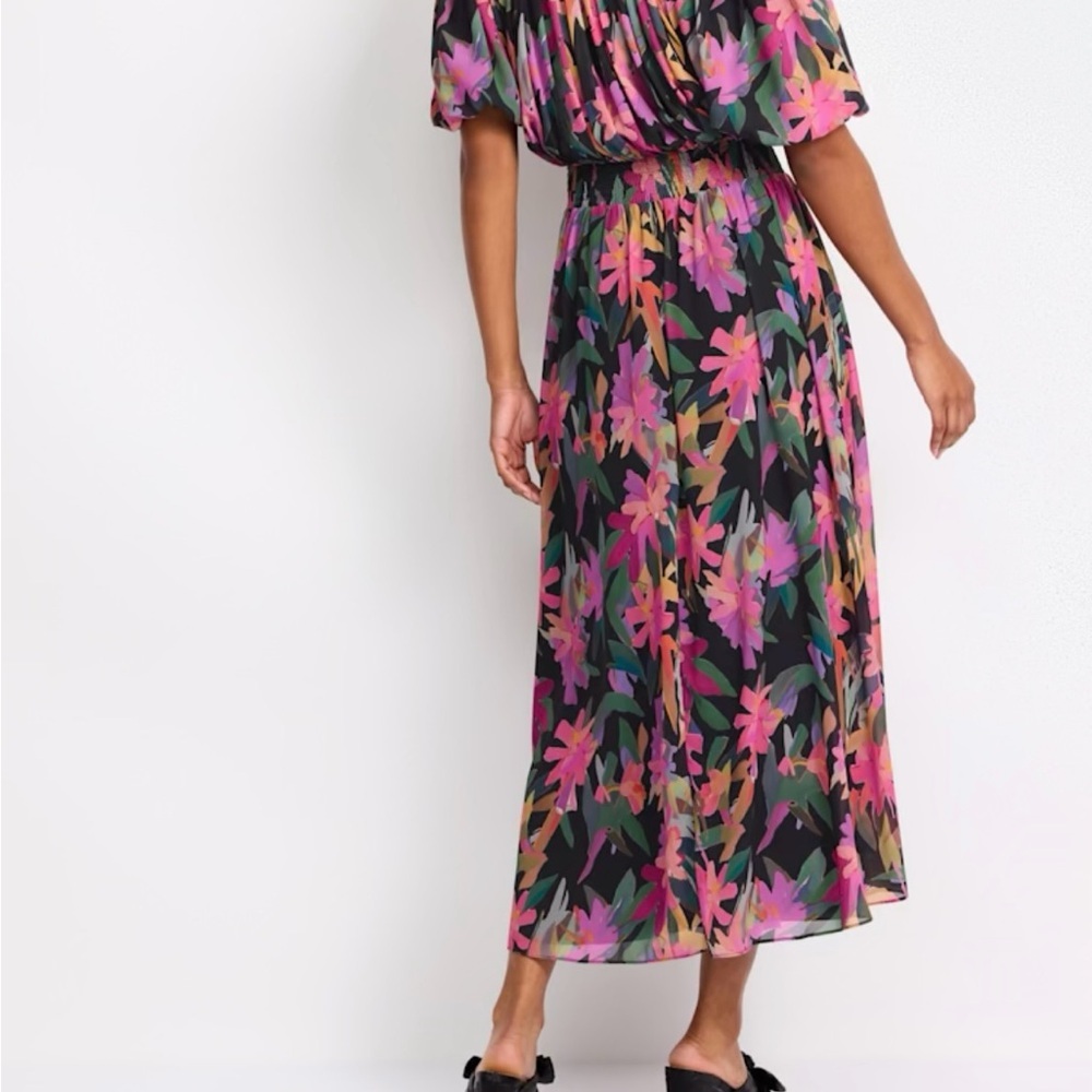 NWT Vince Camuto Puff Sleeve Off the Shoulder Midi Dress in Pink & Black Floral - Picture 2 of 5